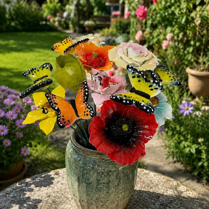 HASTE DE BORBOLETA EM CERAMICA ITALIANA 5 CM CAPODIMONTE AMARELO E AZUL
